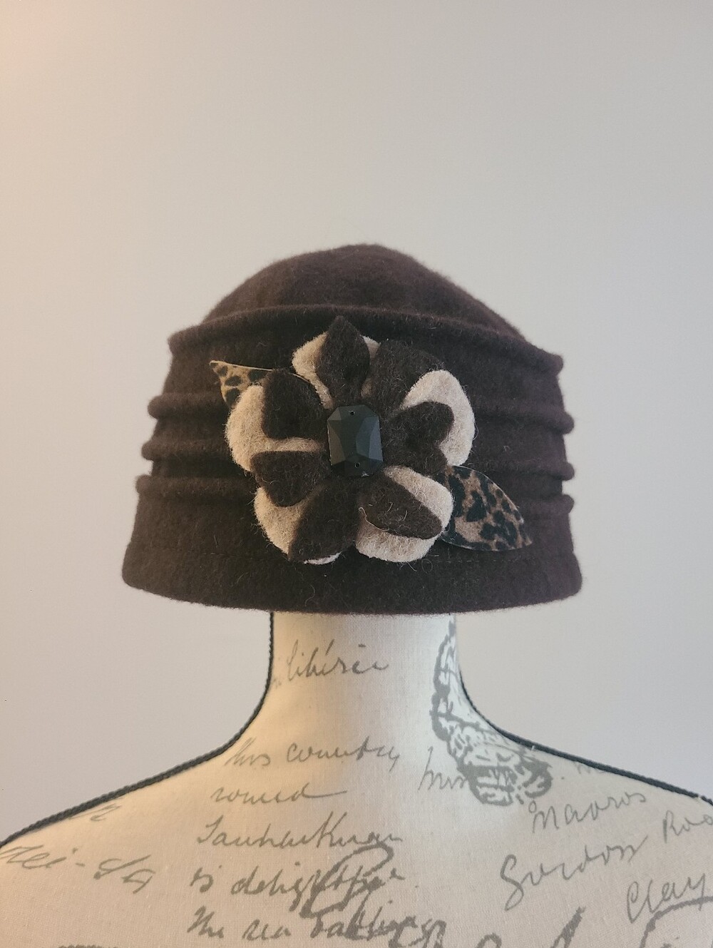 Wool Felt Cloche Hat with Floral Accent - Brown